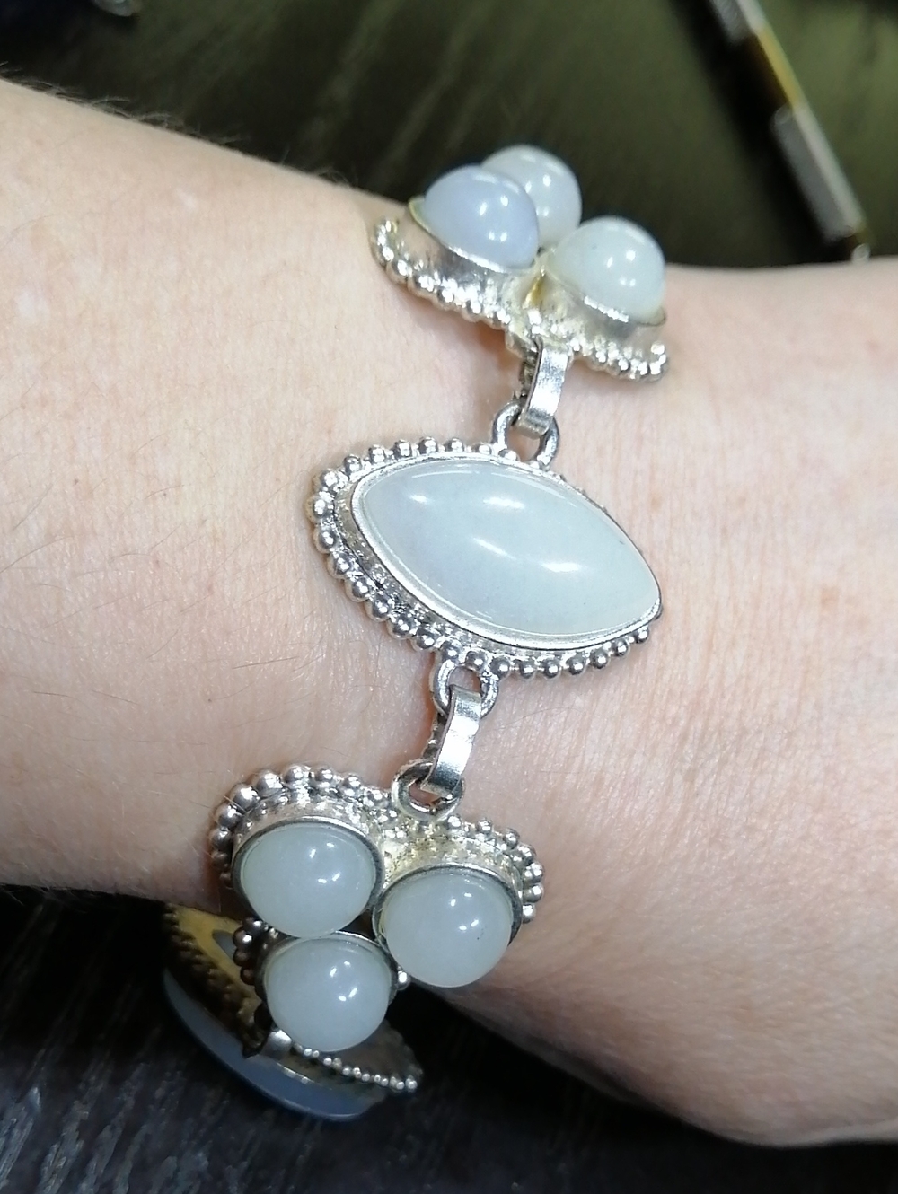 Gorgeous Moonstone Cabochons Link Bracelet Fits 7.5"